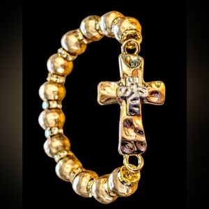 Luxurious Metallic Gold Beaded Cross Bracelet